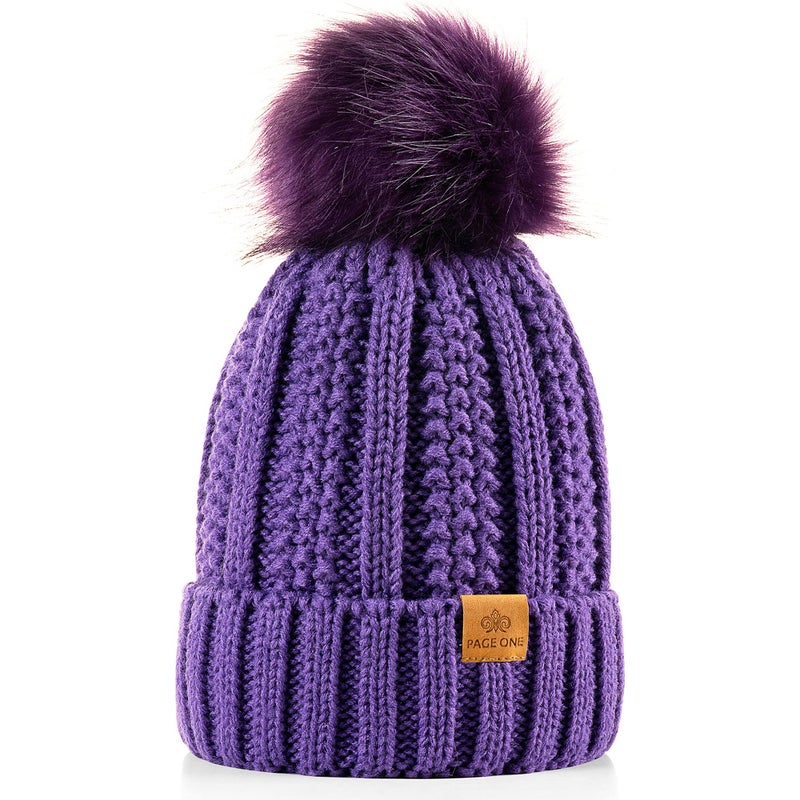 PAGE ONE Womens Winter Thick Cable Knit Beanie Faux Fur Pom Hat Fleece Lined Skull Cap Purple - Image 1